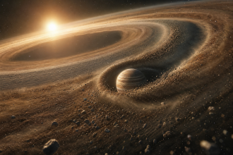 Representação artística de um exoplaneta gigante em formação dentro do disco de gás e poeira de sua estrela