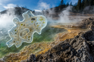 Representação microscópica conceitual de uma ameba em ambiente geotérmico extremo, com água quente, minerais e vapor.