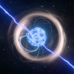 Ilustração artística de uma estrela de nêutrons envolta por um intenso campo magnético no espaço.