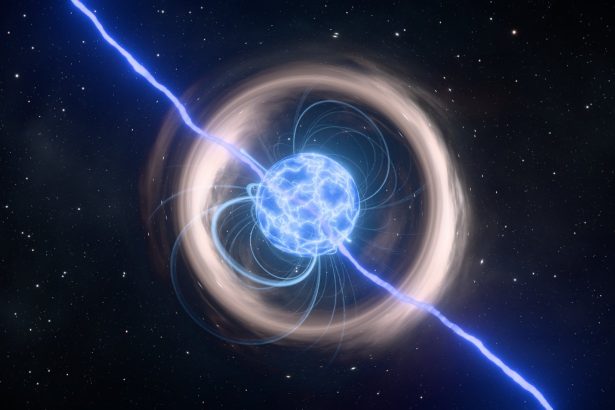 Ilustração artística de uma estrela de nêutrons envolta por um intenso campo magnético no espaço.