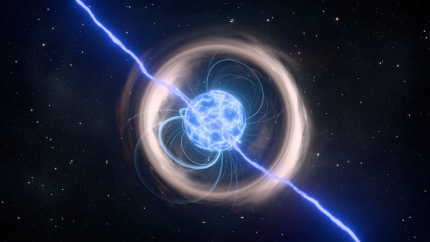 Ilustração artística de uma estrela de nêutrons envolta por um intenso campo magnético no espaço.