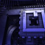 Ilustração de um computador quântico e seu processador em contexto tecnológico.