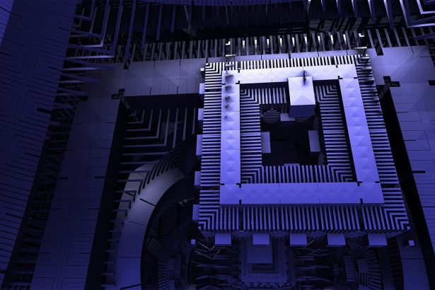 Ilustração de um computador quântico e seu processador em contexto tecnológico.