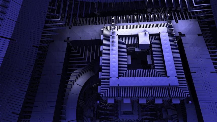 Ilustração de um computador quântico e seu processador em contexto tecnológico.