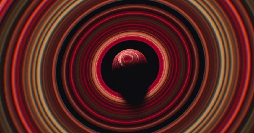 Representação abstrata de um sistema planetário em formação, com anéis luminosos ao redor de um ponto central